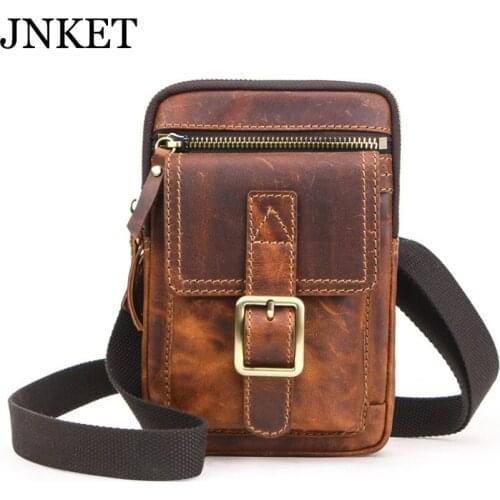 JNKET New Retro Mens Cowhide Waist Bag Shoulder Bag Cellphone Bag Multifunctional Waist Pouch Leisure Waist Pack Crossbody Bag