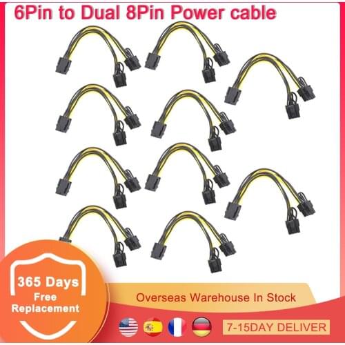 10pcs 20cm Graphics Card Power Cable 6pin to Dual 8pin 6+2pin Splitter Cable 6-pin to Dual 8-pin for BTC ETH GPU Mining Miner