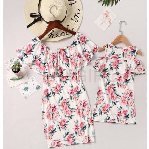 Summer Ruffles Short Dress Mom Elegant Floral Print Sexy Off Shoulder Dress Girls Family Look Mother And Daughter Match Clothes