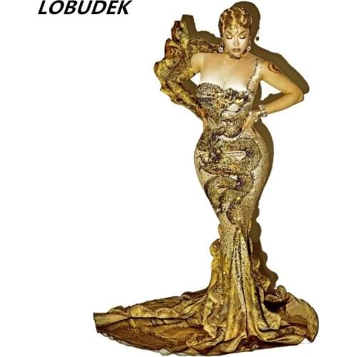 Fashion Evening Party Celebrate Prom Gold Rhinestones Dragon Pattern Floor-length Tailing Mermaid Dress For Singer Host Models