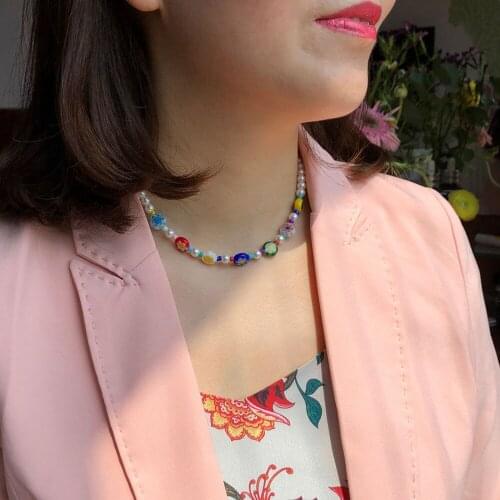 Trendy Jewelry Simulated Pearls Flower Necklace Bohemia Colorful Acrylic Beads Choker Necklace For Women Girls Gifts