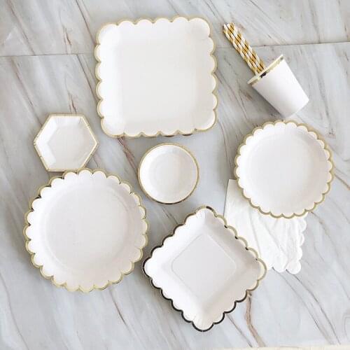 65 Pieces Of White DisposableTableware Set Disposable Paper Tray Straw Cup Wedding Wedding Birthday Decoration Party Supplies