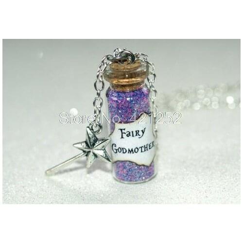 12pcs Fairy Godmother glass Bottle Necklace with a Magic Wand Charm, Cinderella Inspired necklace