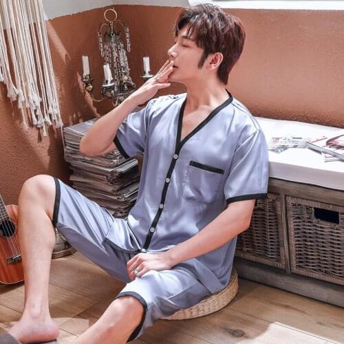 Men Summer Rayon Pajamas Sets Sexy Button V-Neck Pyjamas Sleep Suit Lingerie Sleepwear Pocket Nightwear Summer 2PCS Home Wear