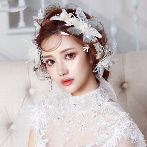 Bride Korean white wedding headdress super fairy sweet pearl handmade headband silk yarn lace wedding accessories