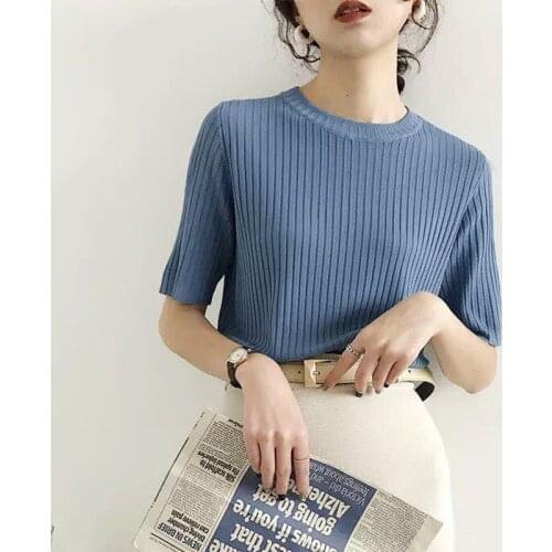 Women Knit Shirt Summer T-shirts Fashion Women Slim Shirts