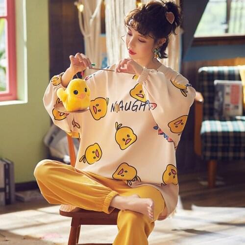 NONRS Cute Duck Womens 2 Pieces Pajamas Set Cotton Solid Color Pyjama Women Sleepwear Sets Spring Autumn Homewear Long-sleeved