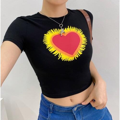 Summer Sweet Heart Printed Crop Top T-Shirt Women Fashion 2021 Kawaii Short Sleeves Harajuku Cotton Pulovers Black Tees