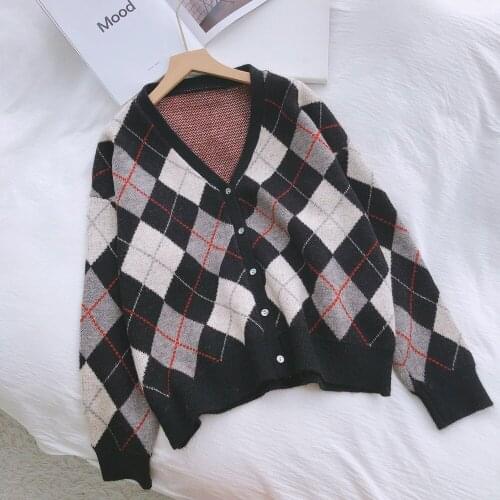 Womens England Style Vintage Plaid V Neck Single Breasted Cardigans Casual Streetwear Long Sleeve Knitting Jacket Sweater Chic