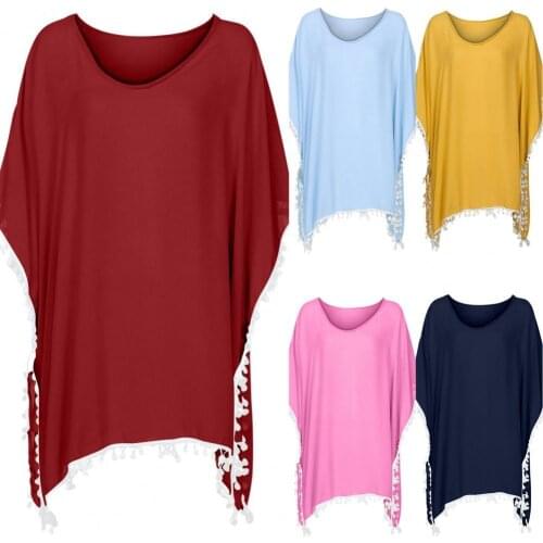 Summer Woman Dress 2021 Midi Dress Beach Dress Solid Color Tassel Women Round Neck Short Sleeve Cover Up Top for Beach