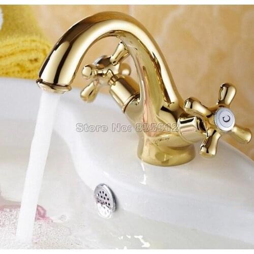 Gold Color Brass Dual Handle Bathroom Deck Mounted Basin Mixer tap Single Hole Vessel Sink Faucet Wnf272