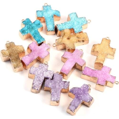 1Pcs Natural Stone Crystal Agates Pendant Cross Shape Quartz Charms for DIY Necklace Jewelry Making Accessories Size 23x35x11mm