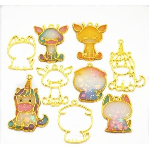 10pcs Cute Giraffe dog cat unicorn Metal Frame Pendant Gold Charm Bezel Setting Cabochon Setting UV Resin Charm Jewelry Findings
