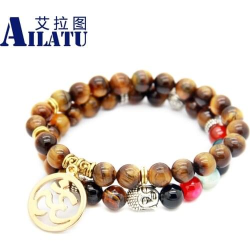 Ailatu Religiously Featured Fashion Natural Tiger Eye and Onyx Stone Beaded Men Yoga OM Buddha Prayer Bracelet