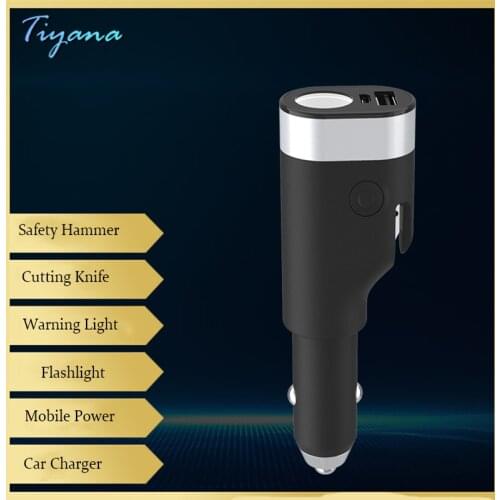 6 in 1 Car USB Fast Phone Charging Safety Escape Hammer Multifunctional Cigarette Lighter Converter for IPhone 12 Huawei Xiaomi