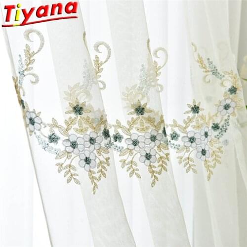 Noble Elegant Romantic Flowers Embroidered Tulle Curtains for Living Room Blue/Pink Flowers Necklace Yarn for Bedroom X-WP448#30
