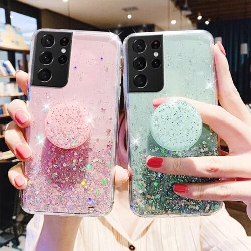 TPU Glitter Case For Samsung S21 Ultra S20 FE S21 Plus A52 A51 Holder Stand Cover For Galaxy A32 A71 A72 A12 S10 S10e Soft Capa