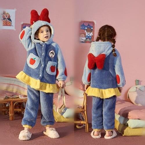 Children Winter Pajamas Hooded Cartoon Princess Fleece Set Bow Baby Longer Sleepwear Girls Coral Velvet Home Clothes Robes Thick