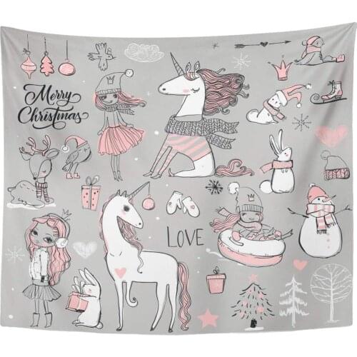 Sketch Pink Girl Doodle Princess with Unicorn and Winter White Fairytale Christmas Home Decor Tapestry Wall Hanging for Living