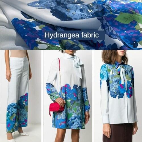 European and American brand show blue hydrangea digital printing shirt pants fabric handmade diy home sewing material