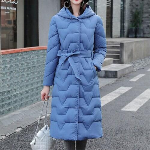 2020 Winter Women Jacket Long Hooded Cotton Padded Female Coat Belt High Quality Warm Outwear Womens Parka Manteau Femme Hiver