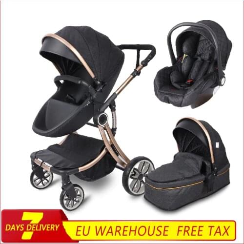 Lightweight high landscape stroller can sit and fold easily, two-way stroller PU material four-wheel shock absorber