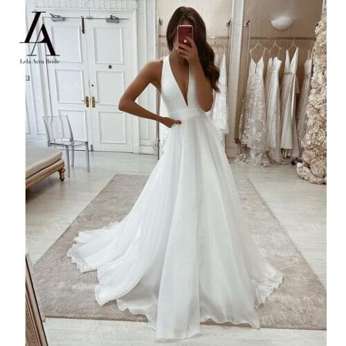 LelaAcra V-neck Sleeveless Wedding Dresses 2021 Fashion A-Line Train Bridal Gown Princess ES18 Vestido De Novia Party Dress