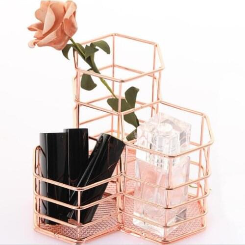 Multi-style Makeup Organizer Cosmetic Holder Hexagon Vase Metal Mesh Basket Desk Organizer Makeup Tools Storage Holder
