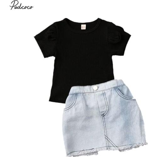 2020 Fashion New Kids Baby Girls Clothes Black T-shirt Tops+Denim Skirts 2pcs Summer Casual Outifts For Children Toddler Girls