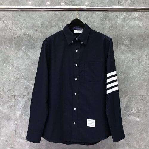 2021 Fashion Brand Shirts Men Slim Blue Long Sleeve Casual Shirt Four Bar Stripes Oxford Fabric Solid Mens Clothing