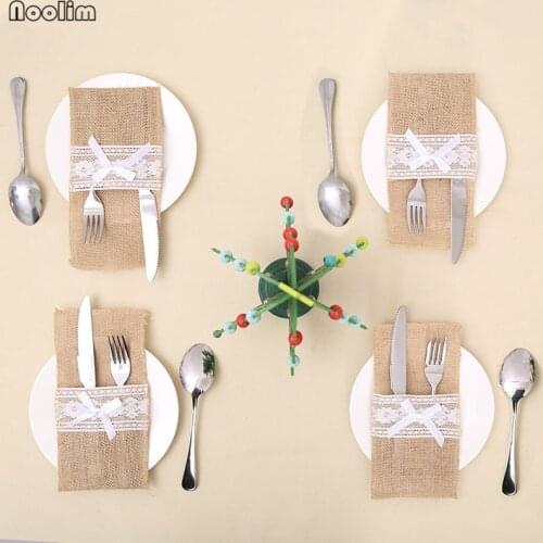 NOOLIM 21x10CM 30pcs/set Jute Tableware Pouch Pocket Burlap Lace Knife and Fork Bag For Rustic Wedding Decoration