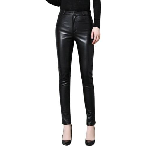 Genuine Pants Leather 2021 New Womens Spring Autumn Black Sheepskin Trousers Female Slim Leather Pencil Pants OL Slim Pants