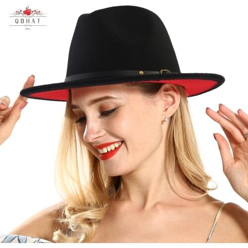 QBHAT 60 CM Big Head Size Black Red Patchwork Wool Felt Jazz Fedora Hats Caps Wide Brim Panama Trilby Cap for Men Women