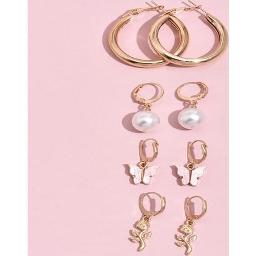 ALYXUY 1lot=4pairs Gold Color Round Circle Pearl Pink Butterfly Pendant Earrings Women Girls Accessories Wedding Party Jewelry