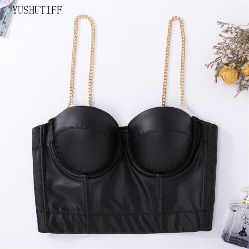Camis Tops PU Leather Metal Chain Camisole Sexy Black Top Female For Nightclub Crop Top Women With Built In Bra Push Up Bralette