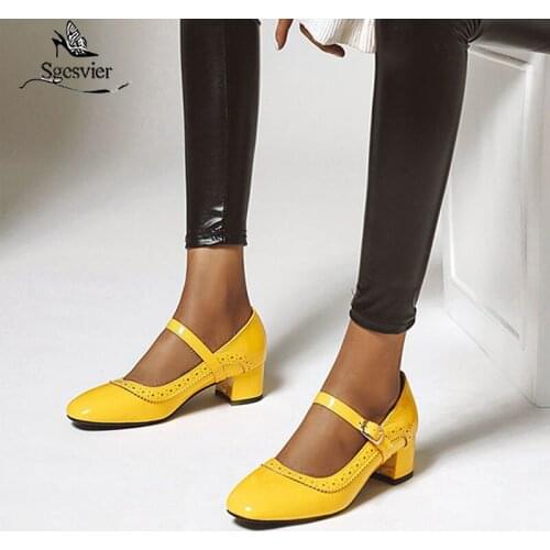 Sgesvier 2020 New Fashion Patent Leather Chunky Heels Concise Pumps Woman Shoes Buckle Strap Spring Pumps Lady Footwear Size 48