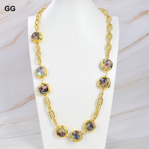 GuaiGuai Jewelry Natural Rainbow Color Abalone Shell Beads Gold Color Plated Chain Long Necklace 28"