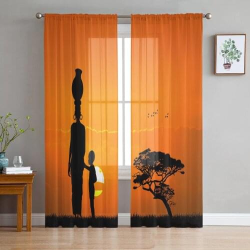 Sunset African Woman Child Tree Silhouettes Tulle Window Treatment Sheer Curtains for Living Room the Bedroom Decoration