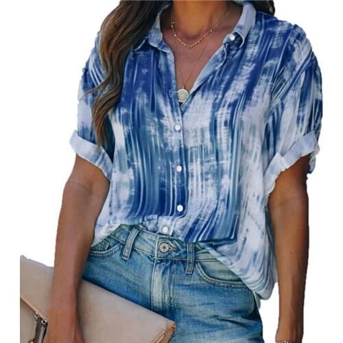 Women Summer Single Breasted Shirt Turn-down Collar Skin-friendly Short Sleeve Print Casual Shirt Blouse Casual Loose Shirt