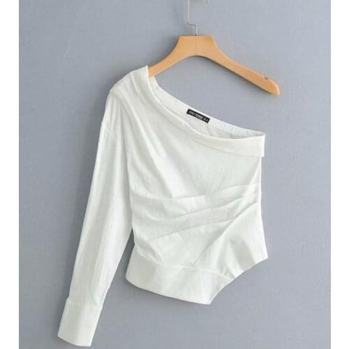 New women fashion solid color one shoulder pleated Shirt blouses women irregular hem white roupas femininas chemise shirt LS3222