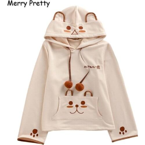 Merry Pretty Women Cartoon Babbit Embroidery Hoodies Sweatshirts With Ears On Hood 2020 Winte Plus Velvet Harajuku Pullovers