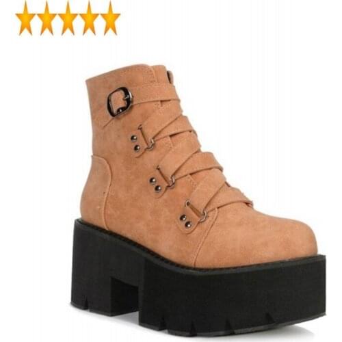 Platform Harajuku Street Thick Bottom Short Women High Heel Shoes Buckle Strap Pu Leather Motorcycle Wedges Ankle Boots