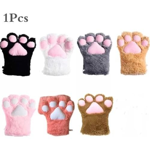Women Girls Cute Bear Cat Paw Gloves Winter Warm Thick Fluffy Plush Cartoon Animal Anime Lolita Cosplay Mittens