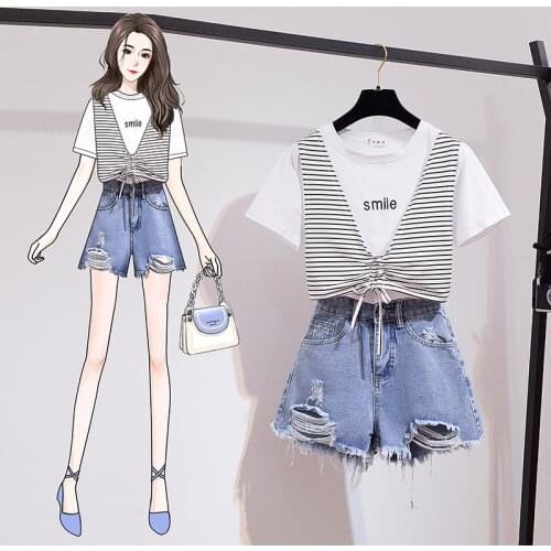 Women Summer Fashion Slim Fake Two Piece T Shirt+Denim Shorts Suits Letter Embroidery Stripe Tops Casual Hole Jeans Pants Sets