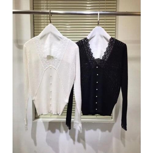 Women Wool Knit Sweater 2021 Spring Casual Lace Patchwork V-Neck Stretchy Shirts Fashion White / Black Knitting Slim Top