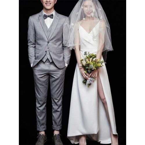 Spaghetti Straps Sweep Train Soft Satin Wedding Dress 2021 Elegant Simple V-Neck Slit Bridal Gowns vestidos de mairee Wedding