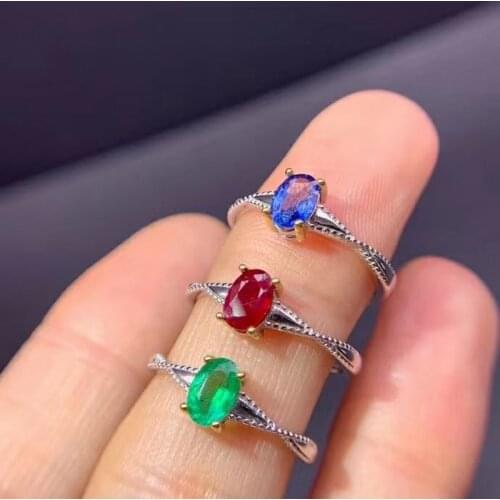 Fine Jewelry 925 Sterling Silver Inlaid Natural Sapphire and ruby and emerald Womens Elegant Adjustable Gem Ring Support Check