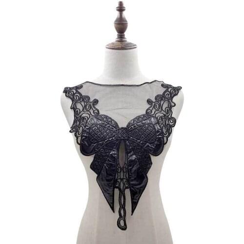 1PCS Satin PU Black Embroidered Bows Lace Collar Patch Cloth Applique Dress Corsage DIY Trimmings Sewing Guipure Supplies