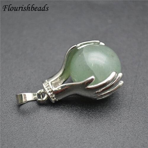 1pc Natural Gemtone Hands Hold Round Ball Pendant Fit Necklace Jewelry Making (Amethyst / Tiger Eye / Quartz /Crystal)