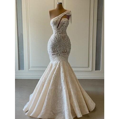 2020 Plus Size Arabic Aso Ebi Luxurious Lace Beaded Wedding Dresses One Shoulder Mermaid Bridal Dresses Vintage Wedding Gowns ZJ